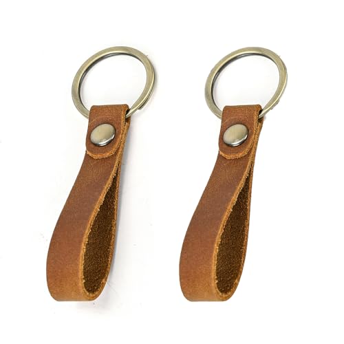 2pcs Automotive Retro Leather Metal Keychain,Genuine Leather Strap Key Ring,for Men Women Car Bag Backpack Small gifts (light brown)