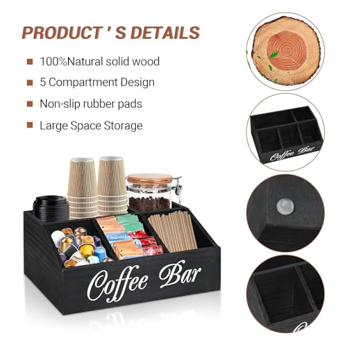 JUYAXIN Wooden Coffee Station Organizer for Pods Mugs Spoons Kitchen Counter Condiment Storage Box with Compartments Black Wooden Coffee Pods and Spoon Holder - Image 3