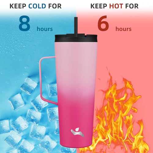 Image of Konokyo 26 oz Insulated Tumbler with Handle & Straw, Stainless Steel Mug