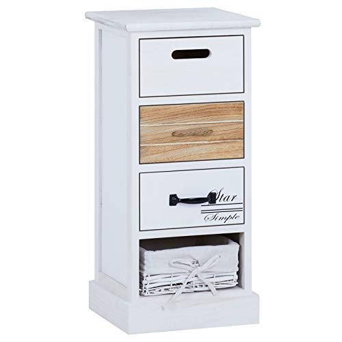 IDIMEX Chiffonnier VIENA étagère de Rangement avec 3 tiroirs et 1 Panier en Bois de Paulownia Blanc et Brun, Style Shabby Chic Vintage Maison de Campagne