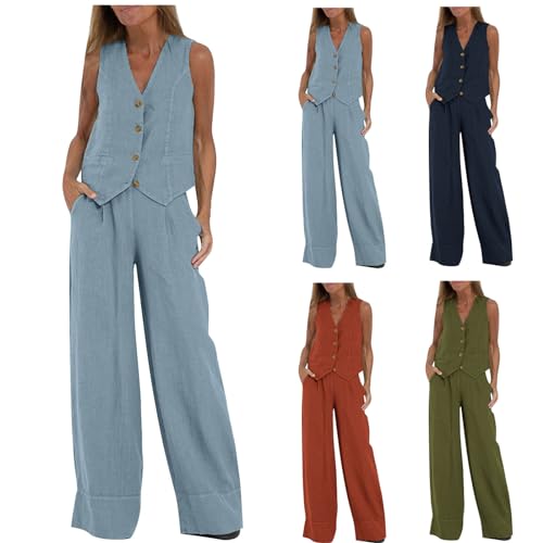 Ensemble tailleur femme lin haut de gamme avec gilet col v boutonné
