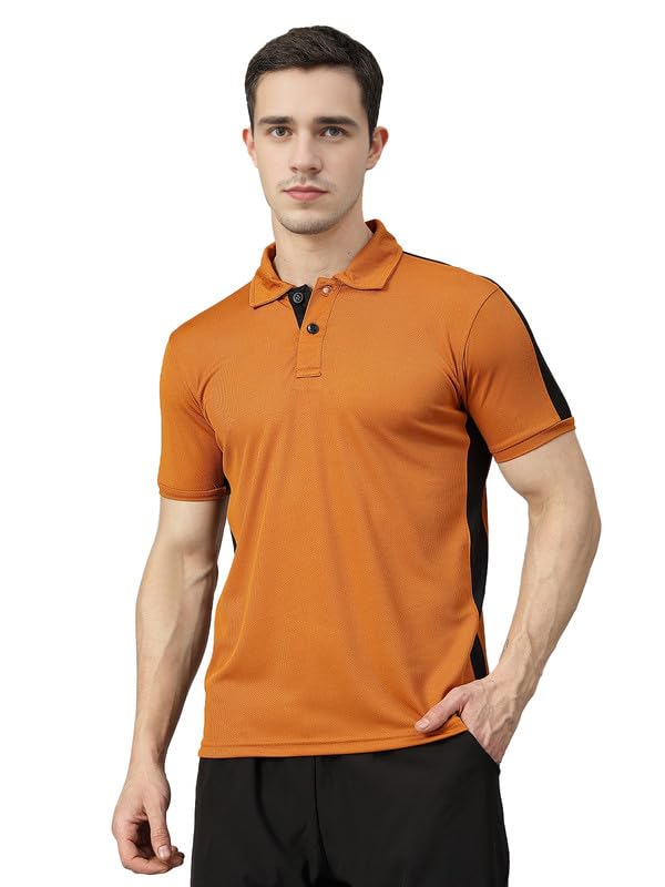 CHKOKKO Men Polyester Solid Active Sports Wear Polo Half Sleeve Gym T-Shirt with Button-Down Collar Quick Dry Breathable Perfect for Workout Regular Fit and Running Tee