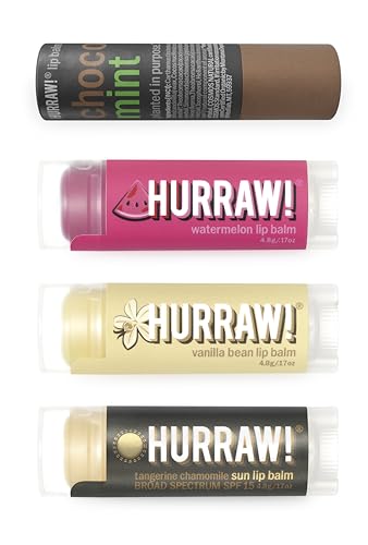 Hurraw! Lip Balms: Staff Favorites, 4 Balm Bundle Pack – Chocolate Mint, Watermelon, Vanilla Bean and Sun (SPF 15): Organic, Certified Vegan. 100% Natural Ingredients. Bee, Shea, Soy and Palm Free. -  Hurraw! Balm