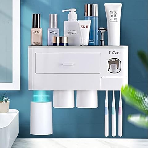 TuCao Zahnbürstenhalter Wandmontage mit Auto Toothpaste Dispenser Squeezer Kit Cover