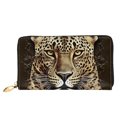 Patterned leopard head Leather Wallet for Women Long Coin Purse Ultra Slim Credit Cards Holder Bifold Clutch