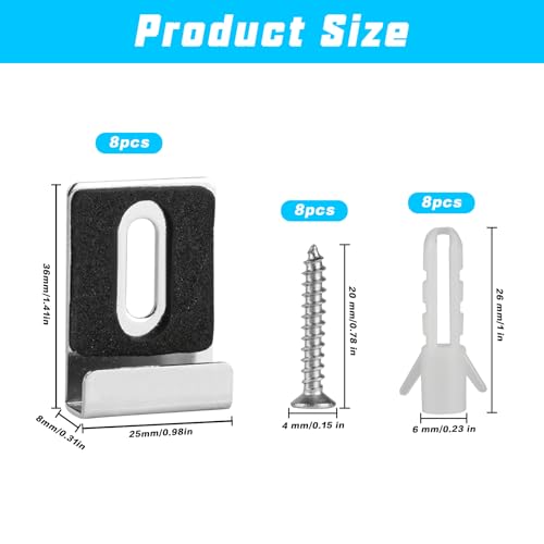 Image of 8pcs Mirror Holder Clips Kit, Metal Mirror Clips, Mirror Hanging Hardware Kit, Stainless Steel Mirror Hooks Heavy Duty Tile Hanger Frameless Wall Mounting Hanger for Mirror Tile Picture Frame Hanger