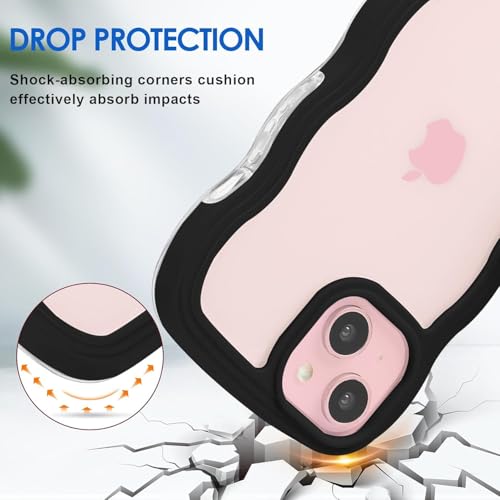 Image of GoldKart iPhone 15 Plus Case Wavy Edge Clear Back Design, Anti-Slip Grip Cute Wave Curly Frame Shape Shockproof Soft TPU & Hard PC Bumper Protective Phone Case Cover for Women Girls - Black