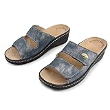 JOMIX Zapatillas de Mujer con Plantilla Extraíble de Piel Pantuflas Cómodas Anatómicas con Cierre Ajustable Sandalias Ergonómico con Cuña para Mayor y Pies Delicados Azul 37