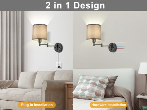 Image of Plug in Wall Sconces with Remote Control, Dimming 10%-100% & Adjustable Colors 2700K-6500K, Hardwire or Plug-in, Swing Arm Wall Lamp with Gray Fabric Shade, Wall Sconces Set of Two, Black Finish