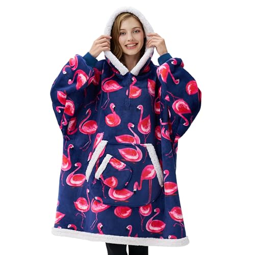 Image of Giggling Getup Wearable Blanket Hoodie for Adults Gifts for Teen Girls Sister Women Sherpa Fleece Printed Hooded Blanket Sweatshirt Warm Cozy with Pocket & Sleeves Blue Flamingo