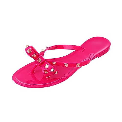 Image of TYFLOVE Women Rivet Flip Flops Studded Jelly Thong Sandals with Bow Summer Bowtie Flat Beach Rain Shoes