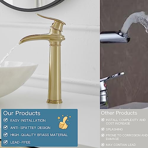 Bwe 6046H-BG Bathroom Vessel Sink Faucet Waterfall Spout Single Handle One Hole Solid Brass Deck Mount Brushed Gold Lavatory Mixer Tap Lavatory Vanity Sink Faucet thumb #4