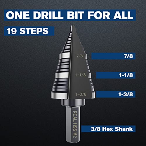 Macxcoip M2 Step Drill Bit, 3/16 To 1-3/8 In, Double Fluted, Cutting Drill Bit For Stainless Steel, Metal, Aluminum, Copper, Wood, Pvc #TOP3