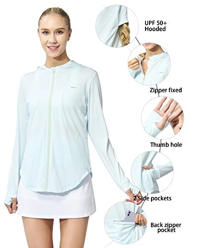 Meloo Women's Upf 50+ Sun Protection Hoodie Shirt Full Zip Long Sleeve Cooling Shirt Hiking Outdoor Performance Pockets Ice Blue Xxl #TOP3