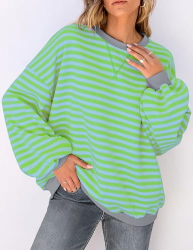 Image of UEU Women Oversized Striped Crewneck Sweatshirt Long Sleeve Color Block Pullover Tops Casual Loose Workout Shirt