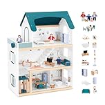 OOOK Wooden Dollhouse with Liftable Elevator, Modern Doll House for Kids Toddlers, Including 21 Furniture Pieces, 4 Family Dolls, and 1 pet