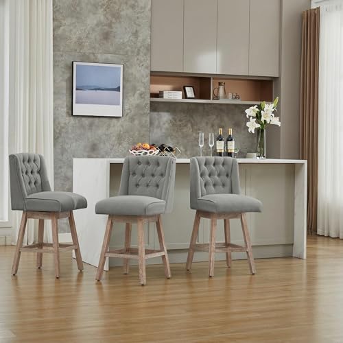 Image of Counter Height Bar Stools Set of 3, 360Swivel Bar Stools with Back and Wood Legs, 28.5 inch Morden Linen Fabric Upholstered Barstools for Kitchen Island Dining Room Bar
