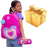 Kit Mochila infantil escolar feminina menina 5 a 9 anos adolescente estampa de coração rosa azul com chaveiro pompom + estojo volta as aulas material escolar (Rosa)