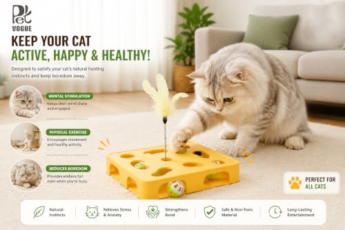 Image of PetVogue Interactive Cat Puzzle Toy with Feather Teaser, Plastic Pet Tower for Indoor Cats, Treat Dispensing & Slow Feeding Game, Anti-Boredom Exercise Toy for Cats, Dogs, and Small Pets (Green)
