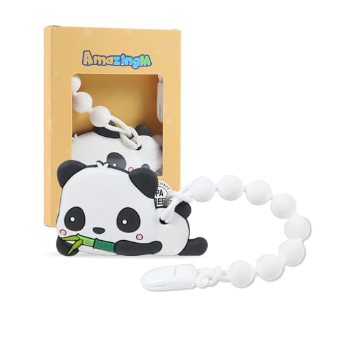 Image of Baby Food Grade Silicone Teether Toy with One Piece Design Pacifier Clip Holder,Teething Pain Relief Toys Gift Set for 3 Months+ Boys and Girls,Freezer Safe,BPA Free. (Panda)