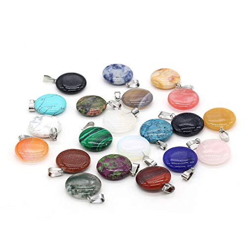 LE SKY 20 Pcs natural stone pendants round coin shape healing mixed color stone charms for jewelry making