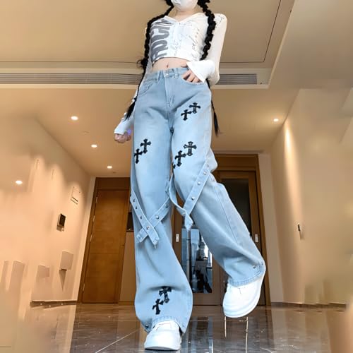 Women Y2K Grunge Kawaii Gothic Clothes Casual Straight Leg Vintage Straps Cross Patchwork Decor Denim Pants2