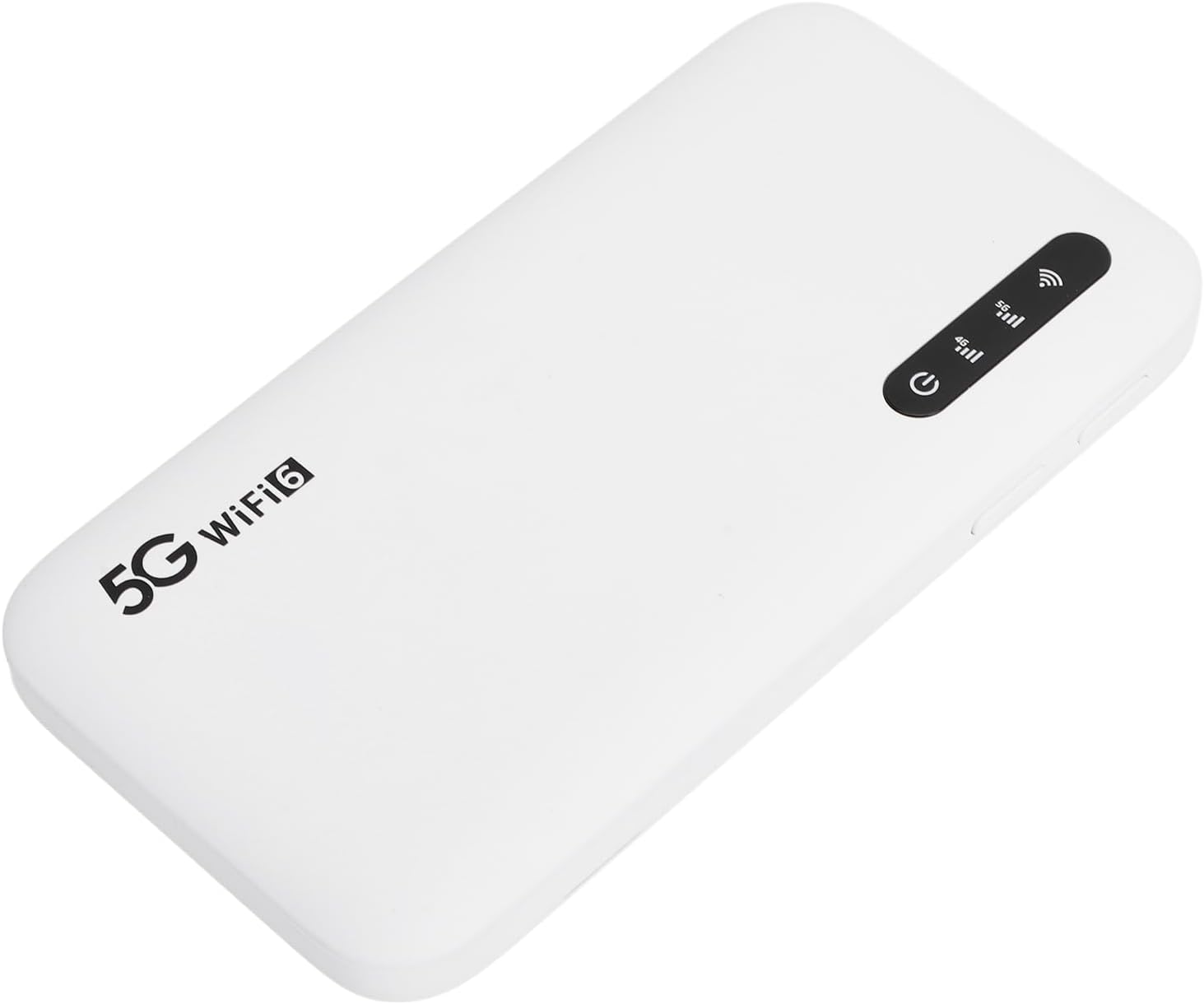 Angled view of the VBESTLIFE 5G WiFi 6 Mobile Hotspot showing the power button and three LED indicators for signal strength, network type (4G/5G), and WiFi status.