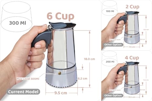 Image of Portable Stainless Steel Stove Top Espresso Coffee Maker Percolator Moka Pot Italian /Espresso /Decoction Coffee /Mocha /South Indian Filter Kaapi Home Machine (Silver) ((6-CUP) (300ML))
