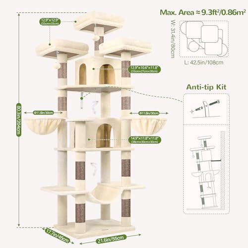 Image of Globlazer Big Cat Tower for Indoor Cats, 80inch Cat Tower for Multiple Adult Cats XXL Cat Tree with Scratching Post, Hammock, 3 Perches, 2 Condos, 2 Hanging Basket, F80, Beige