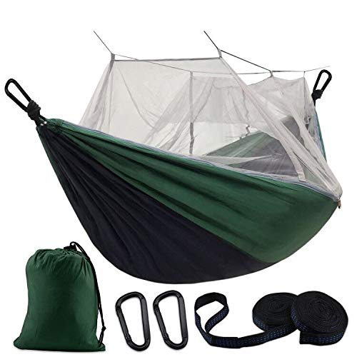 Camping Hammock, Double & Single Hammock with Bug Net Mosquito, with Travel Portable Tree Straps and Carabiners, Easy Assembly, Lightweight Parachute Nylon Hammocks for Backpacking, Beach, Hiking