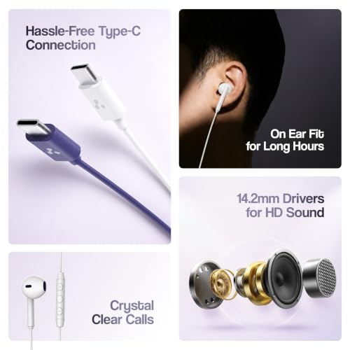 Image of Ambrane Type C Wired Earphones with 14.2mm High Bass Drivers, InBuilt Mic for Crystal Clear Calls, Control Buttons, On Ear Fit for USB C Devices - Mobiles, Tablets, Laptops, Others (Stringz 06, Blue)
