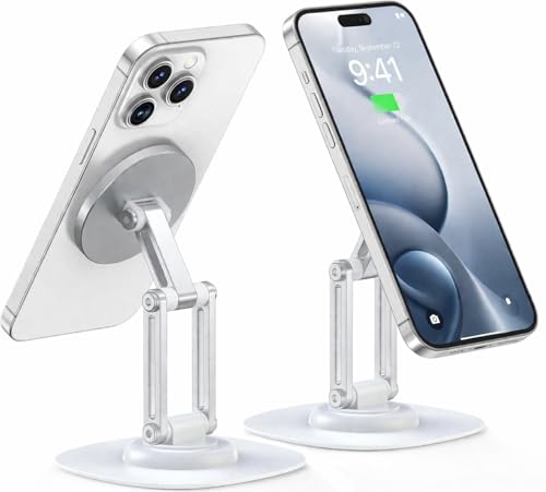 Image of RIGGEAR Premium Magnetic Phone Stand for Desk, with 360 Rotating, Non-Slip Base, Foldable Metal Stand for Mobile /iPad Compatible with MagSafe iPhones and Android Phones (NOT A Charger)- White