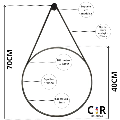 Espelho Decorativo Redondo 60cm Adnet Suspenso C/Alça Couro Ecológico +Suporte de Fixação GRATÍS (Pr