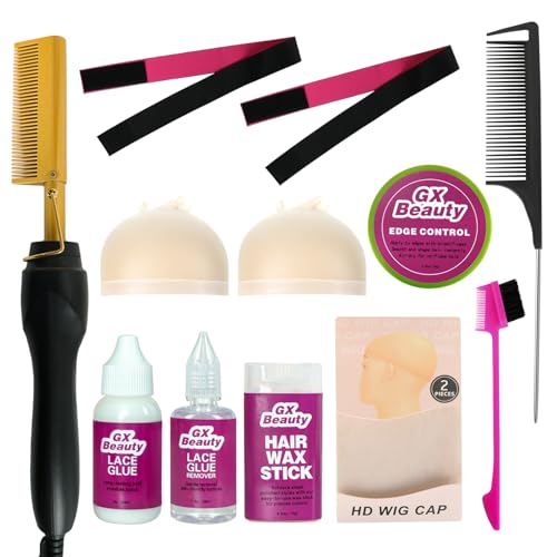 GX Beauty Wig Installation Kit, Lightweight Electric Hot Comb for Wigs, Long Lasting No Smell, With Elastic Lace Melting Band, Wig Wax Stick, Edge Control Gel, Wig Lace Glue, Wig Lace Glue Remover