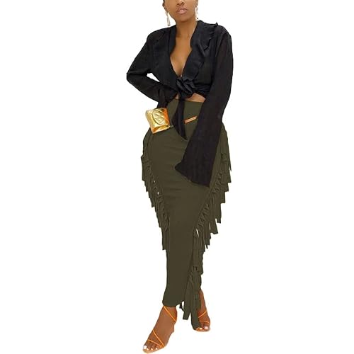 Lyaner Women's Fringed Side Tassels Elastic Waist Slim Bodycon Pencil Maxi Skirts Army Green Small #TOP3