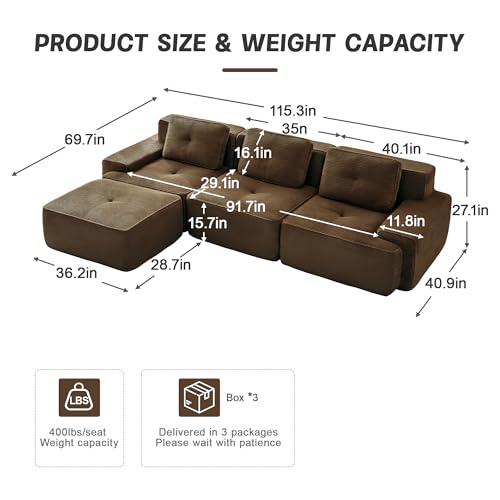 Image of 117 inch L-Shaped 3-Seater Modular Boneless Couch with Ottoman, Soft Corduroy Cloud sectional Sofa, Deep Seat Ergonomic Design, No Assembly Anti-Slip Sofa for Living Room, Brown