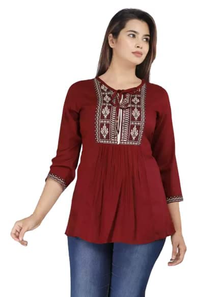 Image of Shiva Fab Short Kurti for Women | Embroidered Straight Rayon Kurta | Round Neck Full Sleeves Short Kurti for Women's