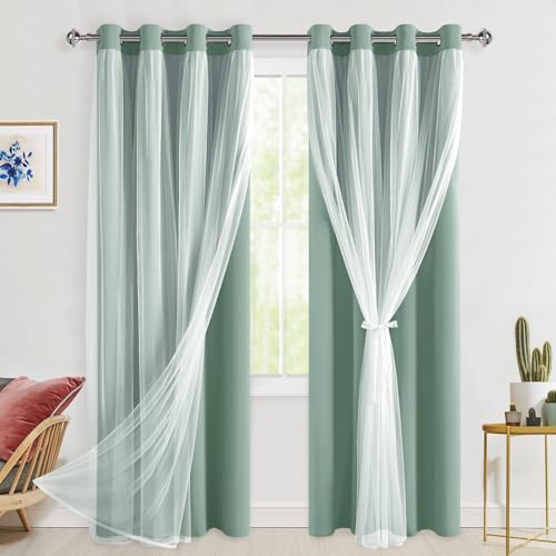 Hiasan Blackout Curtains with Sheer Overlay, Sage Green, 52W X 84L, 2pcs