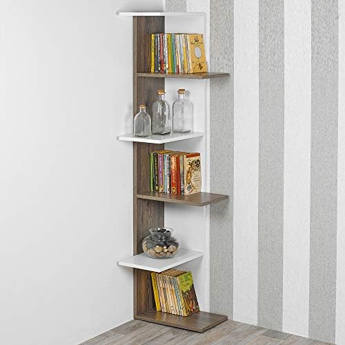 URBNLIVING Wooden Modern Free Standing Display Corner Bookcase (White+Grey, 5 Tier)