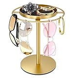 LSK Metal Sunglasses Organizer, Glasses Holder Stand with Storgae Tray, Eyeglasses Holder with Anti-Slip Pads for Tabletop, Desk, Dresser, Gold