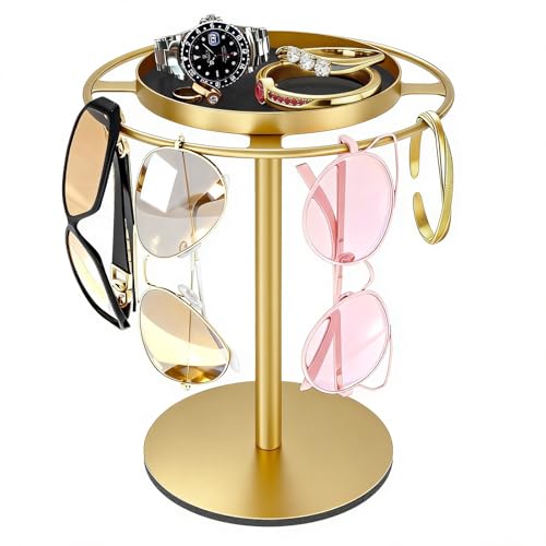 LSK Metal Sunglasses Organizer, Glasses Holder Stand with Storgae Tray, Eyeglasses Holder with Anti-Slip Pads for Tabletop, Desk, Dresser, Gold