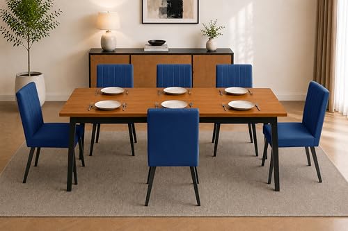 Image of Rosebell 6 Seater Dining Table Set with Cushioned Chairs | Modern Dining Table for Home, Dining Room & Kitchen | Black Metal Legs | Blue
