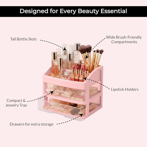 Image of ALOXE Makeup Organisers & Storage Box | Space Saving Makeup Organizer Stand for Dressing Table & Skincare Storage (2-Tier Pink)