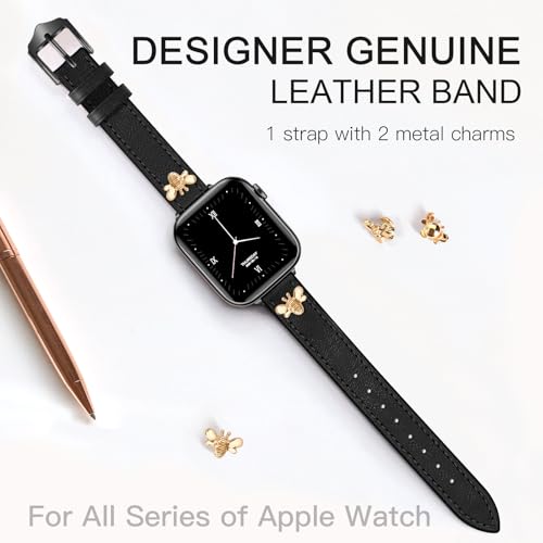 Image of JR.DM Slim Leather Bands Compatible with Apple Watch Band 38mm 40mm 41mm 42mm 44mm 45mm 46mm 49mm, Genuine Leather Band with Charms, Feminine Design for Iwatch Ultra SE Series 11 10 9 8 7 6 5 4 3 2 1
