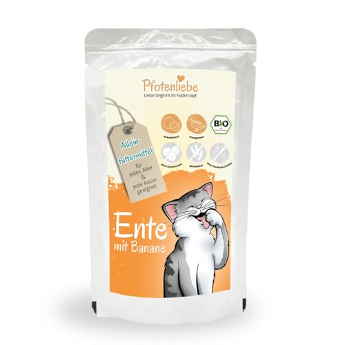 Pfotenliebe Bio-Nassfutter für Katzen, Bio-Ente mit Banane, 1x 100g (Pouch), getreidefrei, hochverträglich, für jedes Alter geeignet