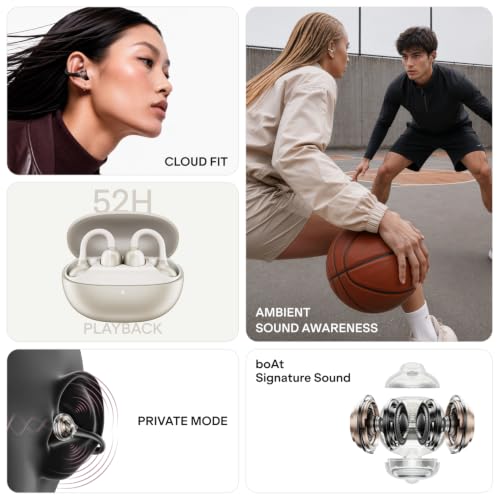 Image of boAt (2026 Launch Airdopes ProClip,Air Conduction Tech,Feather-Light Earbuds,Clip-On Design,All Day Wear Comfort,52H Battery,12mm Dynamic Drivers,App Support,BT v6.0,OWS Earbuds with mic(Satin White)