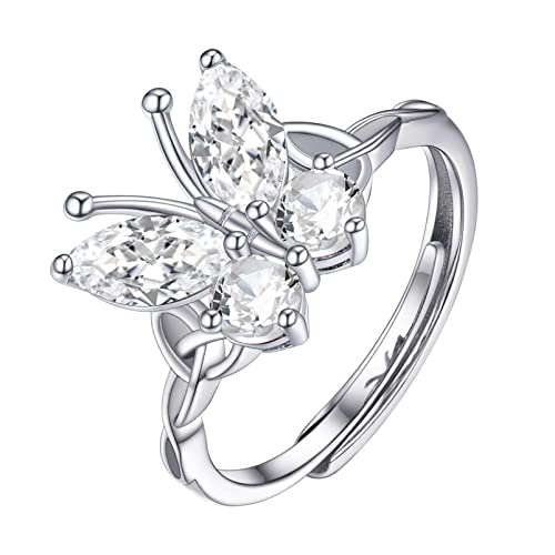 PROSILVER Mariposa Anillo para Dedo Medio Mujer Plata 925, Anillo con Diamante Simulado