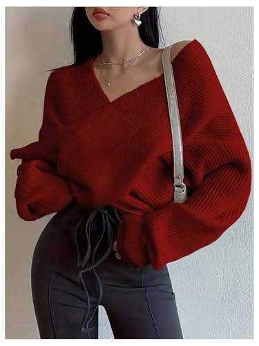 SweatyRocks Women's Criss Cross Wrap Sweater V Neck Long Sleeve Loose Fall Knit Tops3