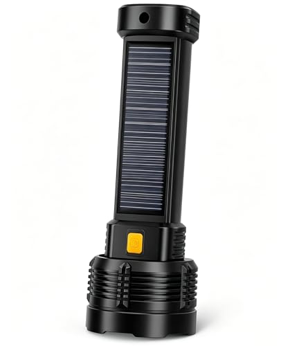 LED Rechargeable Solar Flashlight Super Bright High Lumens Flash Light 4 Modes with COB Side Light Step-Dimming USB-C & Solar Charging Perfect for Camping Hiking and Power Outages - 1 Pack
