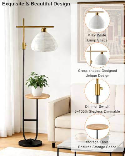 Image of 66IN Gold&Black Dimmable Floor Lamps with Storage Table, Modern Standing Tall Lamp with Milky White Lampshade, Cross-Shaped Lamp Head and U-Pole Base Style for Living Room /Bedroom